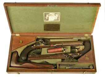 Par flintlåspistoler til duel med kasse og tilbehør, ca. 1780-1800